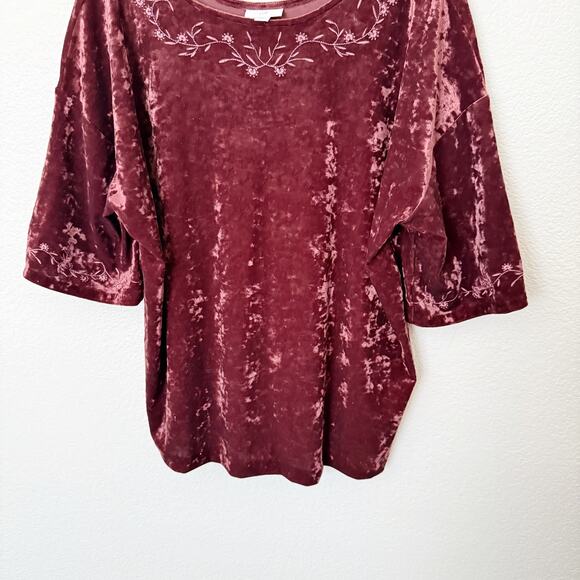 [J. Jill] Maroon Floral Embroidered Scoop Neck Velvet Blouse Boho Tunic Sz Large - Picture 6 of 10